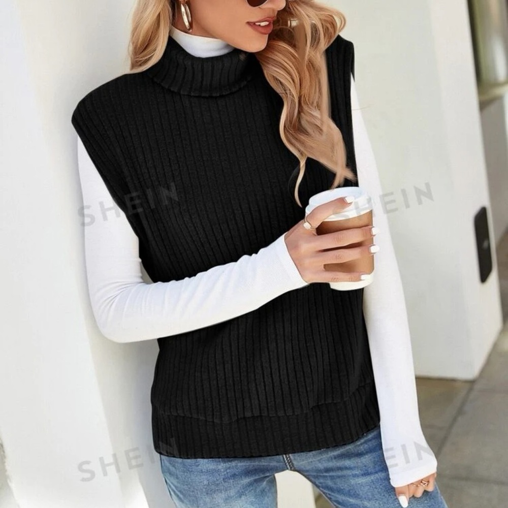 Privé Turtleneck Ribbed Knit Split Hem Tank Top Without Tee